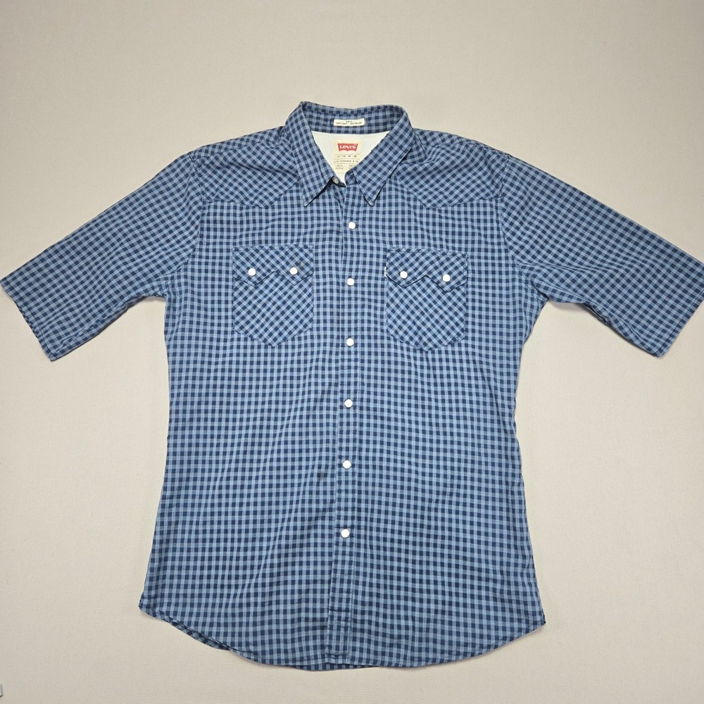 Levi's Western Slim Fit Blue Gingham Check Plaid Short Sleeve‎ Men's XL